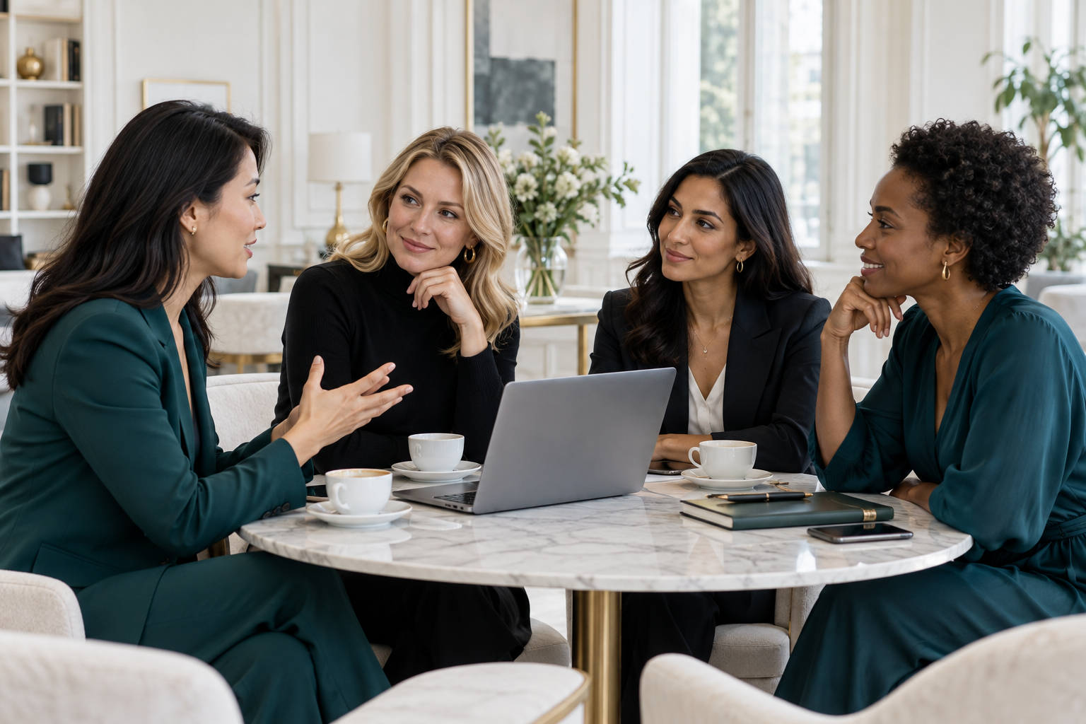 Four professional women in conversation around a table in a bright members club interior
